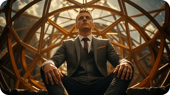Business executive seated inside geometric dome, event management concept visualization