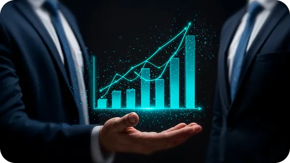 Business leaders holding growth chart with AI driven insights visualization