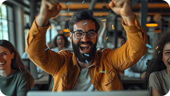 Smiling customer support agent with headset in office environment