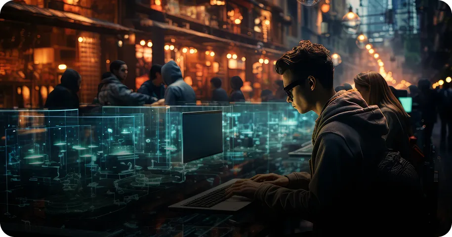 Man working with AI security software to reduce risk and protect digital operations