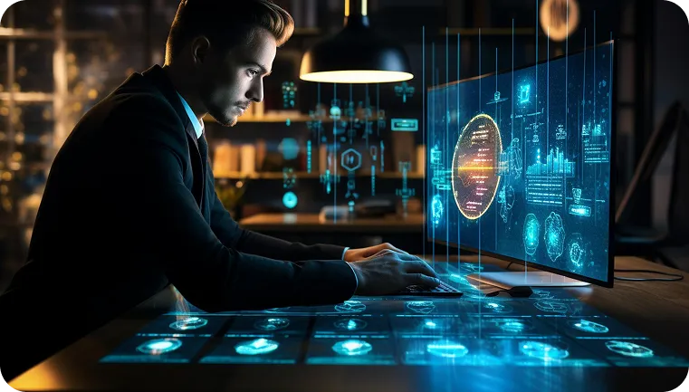 Professional analyzing holographic dashboard for ai threat detection