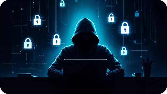 Hooded hacker using laptop with digital locks, ai threat detection concept