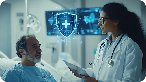Doctor consulting patient in hospital room with digital shield, ai cyber defense display