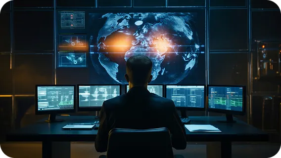 Cybersecurity analyst monitoring global threats on multiple screens, ai cyber defense tools