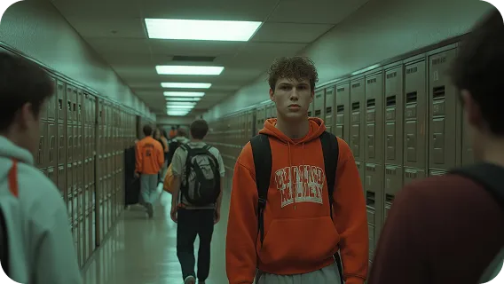 Student walking in school hallway, wearing orange hoodie, with lockers in background