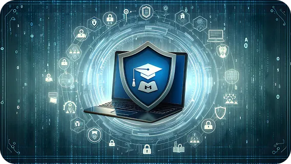 Laptop with digital shield and graduation cap, symbolizing cybersecurity education and training