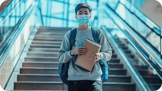 Student wearing mask carrying books while walking up stairs in modern building