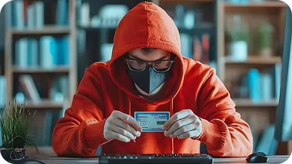 Hacker wearing mask and hoodie, holding credit card, engaging in cyber fraud activity.