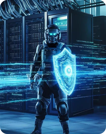 Armored guard with digital shield in server room showing ai cyber defense
