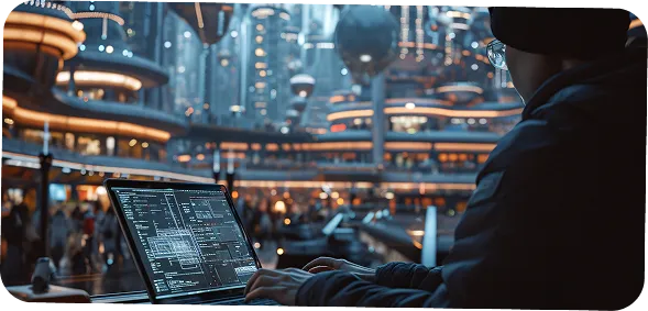 Artificial intelligence engineer coding futuristic AI software on laptop