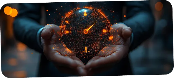 Hands holding glowing digital clock concept for enterprise artificial intelligence solutions
