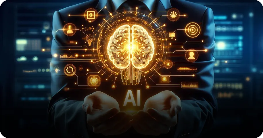 Businessman holding AI digital brain icon with technology and data symbols around.