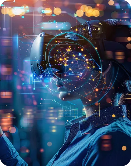 Artificial intelligence assistant wearing VR headset with digital network overlay