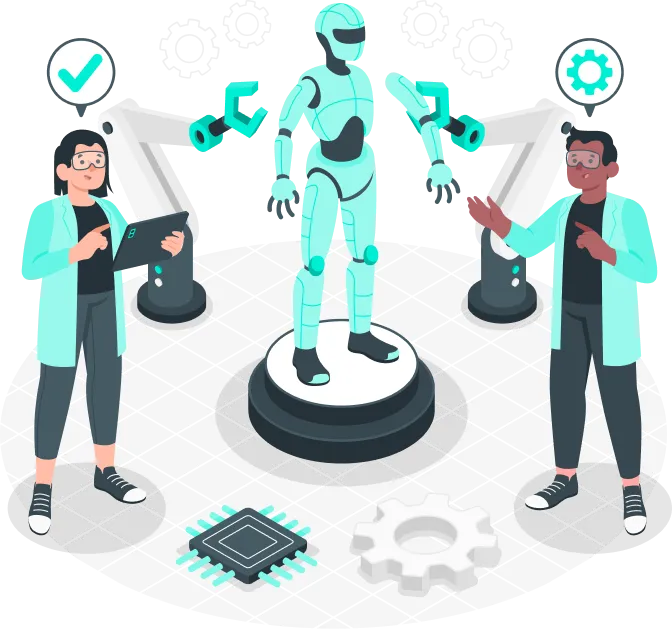 AI agent development with robot and engineers in smart lab environment