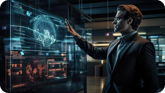 AI engineer using artificial intelligence platform with holographic data dashboard