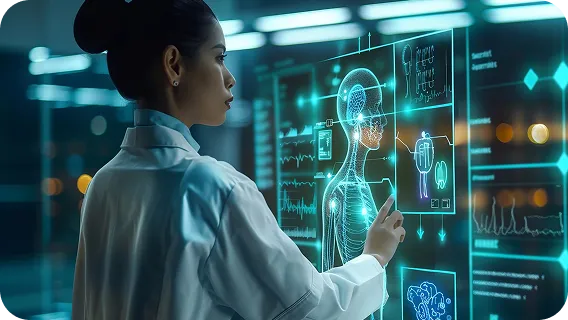 Doctor using artificial intelligence software on healthcare data dashboard