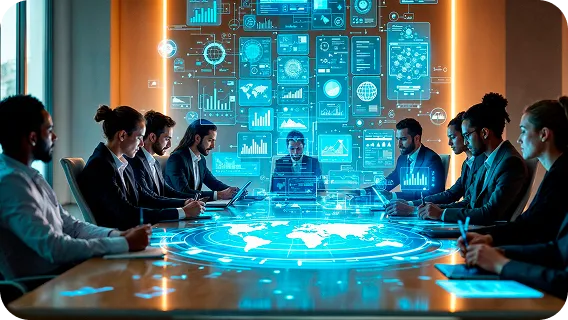 Sales team meeting with enterprise artificial intelligence analytics dashboard