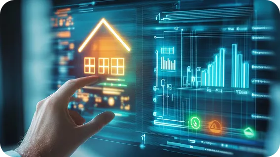 Hand touching smart home screen with artificial intelligence platform dashboard