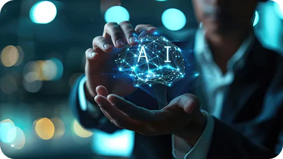 Retail concept with artificial intelligence solutions hologram in hand