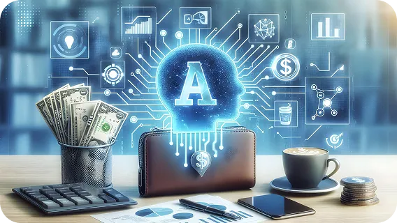 Artificial intelligence chip icon above smartphone with cash, calculator and reports