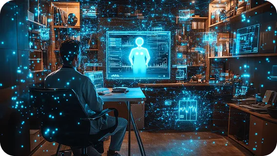Developer using artificial intelligence solutions on multi screen system