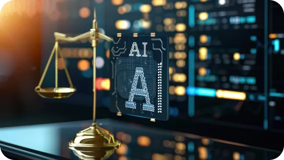 Artificial intelligence services concept with AI scale of justice and data screen
