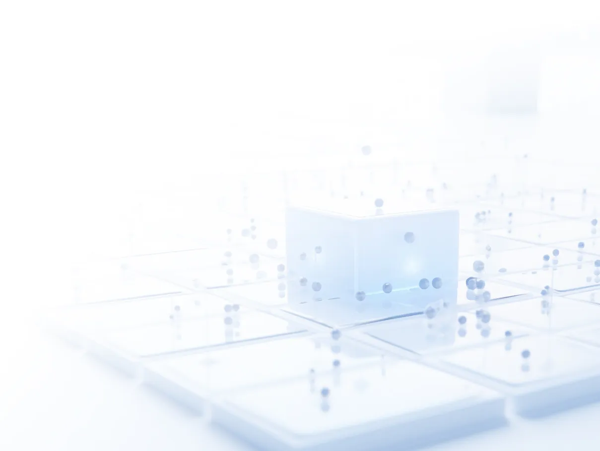 Futuristic cube with floating data points showing modular application architecture in a digital network