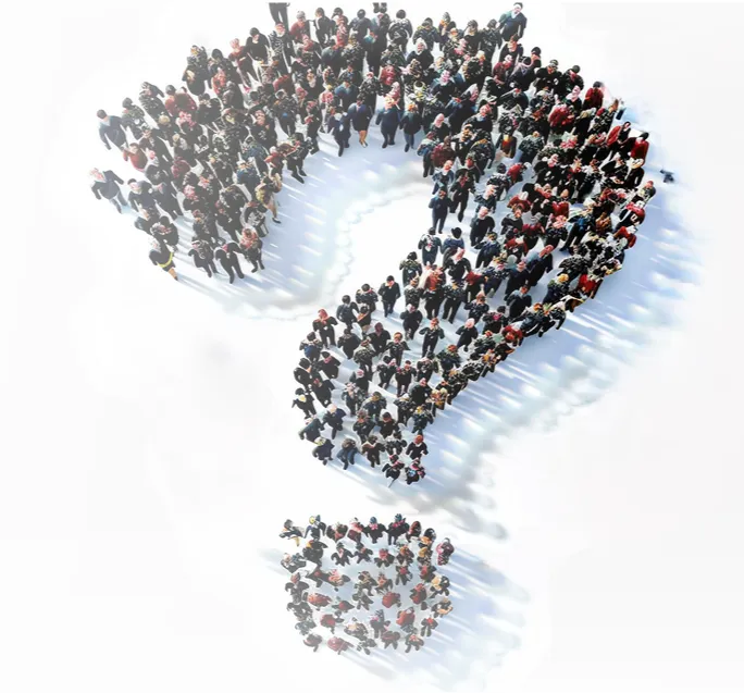 Large crowd shaped like a question mark beside Phaedra Solutions, backend modernization