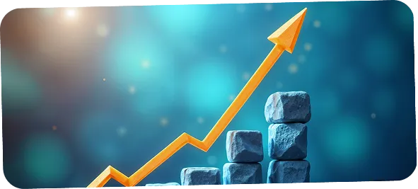 Upward arrow over stacked blocks showing growth through digital workflow automation