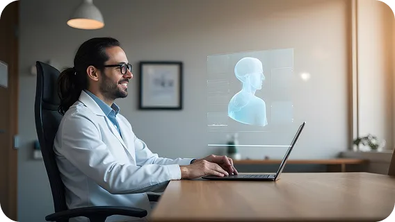 Man using laptop with AI hologram for ecommerce and digital workflow automation