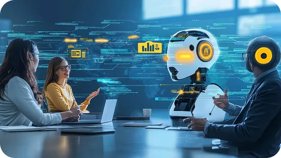 Team meeting with AI robot discussing strategy using generative ai workflow tools