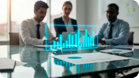 Startup team reviewing growth chart with business automation solutions