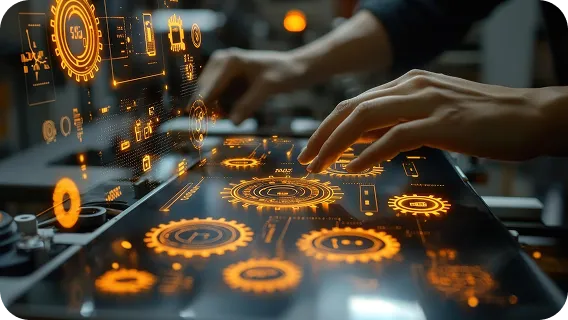 Futuristic dashboard controlling machines with industrial automation