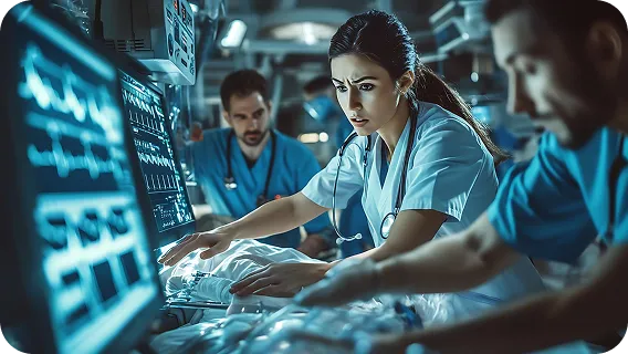 Doctors reviewing ICU monitors using ai automation services for patient care