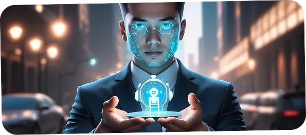 Computer vision AI model development scanning face with digital interface overlay