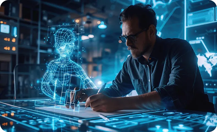 Developer working on custom ai model development with holographic interface