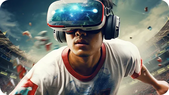 Teen playing in stadium with VR headset using ai model for game development