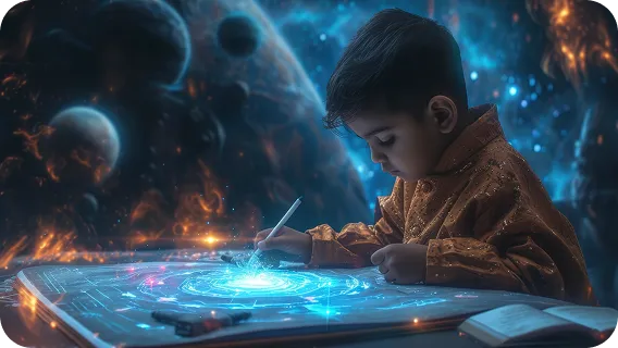Boy studying on glowing digital screen with ai model development theme