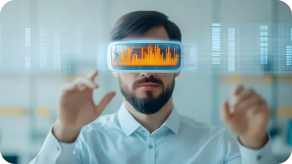 Man using AR headset with logistics dashboard, ai model for decision-making
