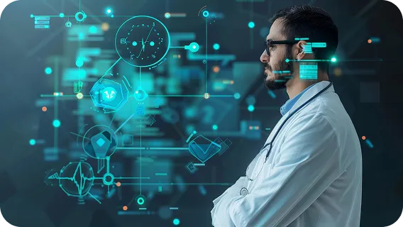 Doctor analyzing digital patient data using ai predictive model in healthcare system