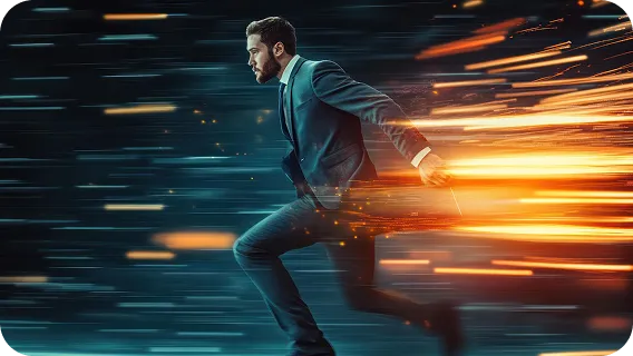 Businessman running with light trails, leading ai model development for startups
