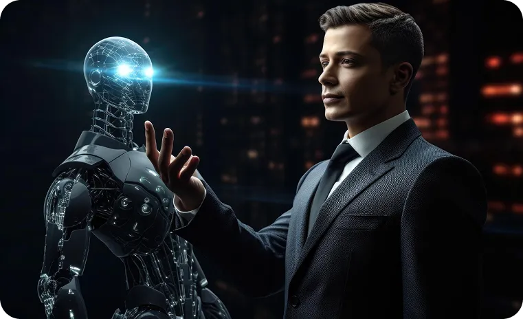 Custom AI model development showcasing human and intelligent robot interaction