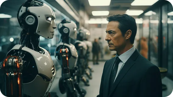 Enterprise leader inspecting ai model for automation via humanoid robotic staff