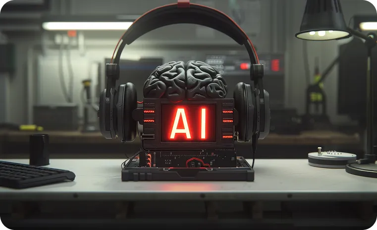 AI brain device with headphones representing AI prompt optimization software in action