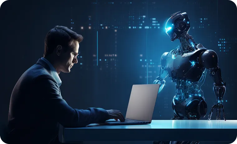 Human collaborating with AI robot showing llm prompt optimization for efficient automation