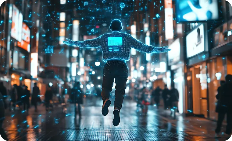 Person with digital interface in city representing award-winning AI partner services.