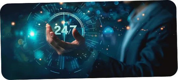 Businessman holding glowing 24/7 digital interface showing ai agent services