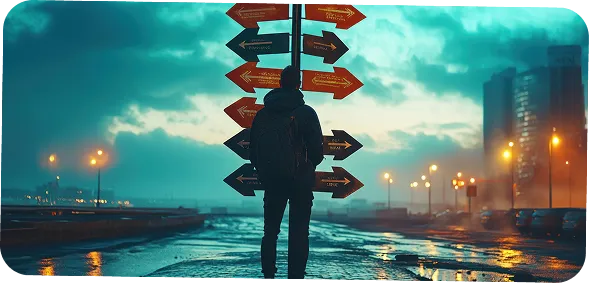 Person standing at multiple direction signpost symbolizing ai agent types decision paths