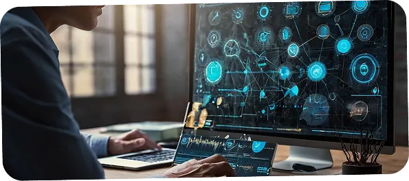 Person using ai agent software dashboard with connected digital interface icons