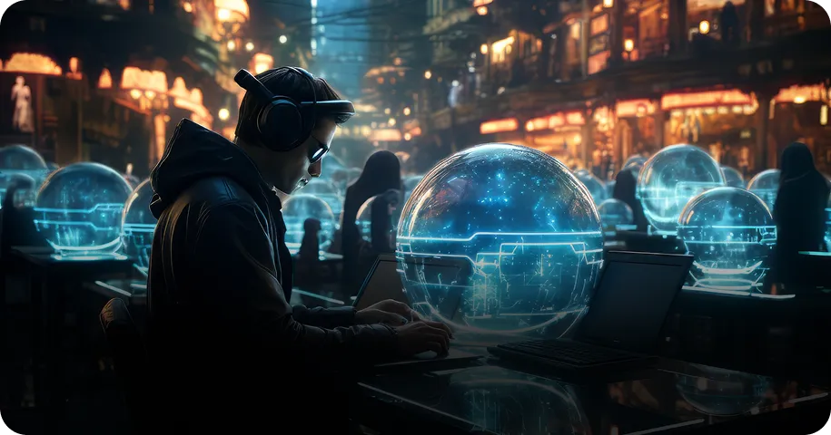 AI agent working in a futuristic environment for business solutions.